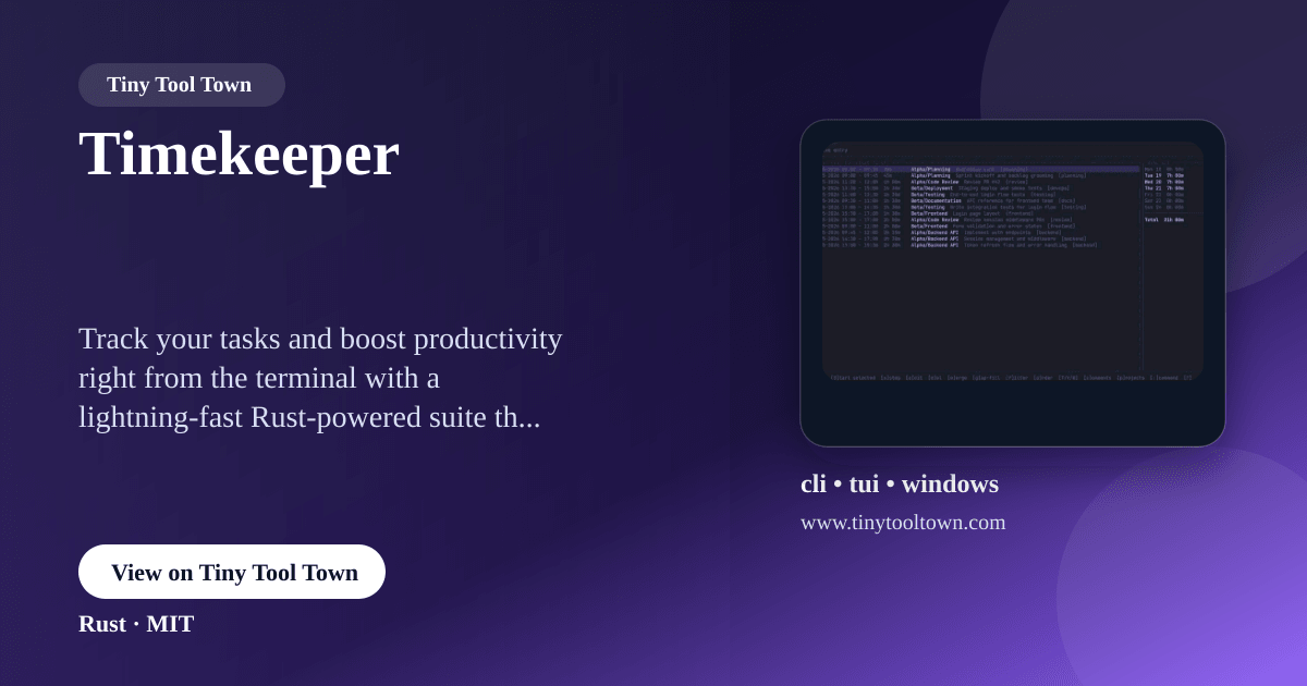 Tomkeeper Timekeeper - terminal task tracking and pomodoro | Tiny Tool Town