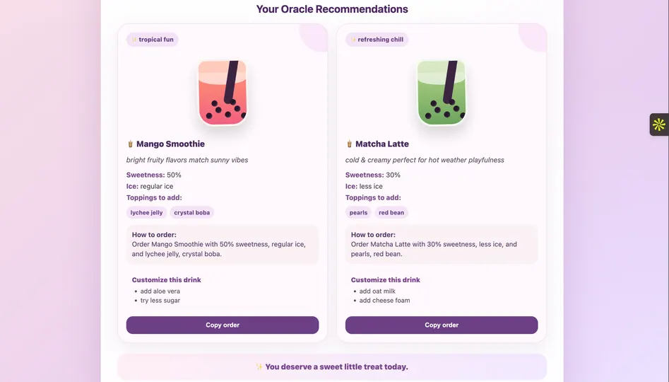 Screenshot of AI BobaGenie