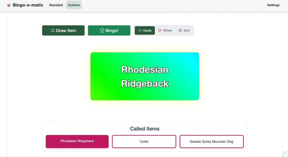 Screenshot of Bingo-o-matic