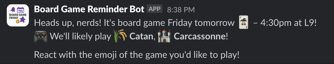 Screenshot of Board Game Slack Reminder