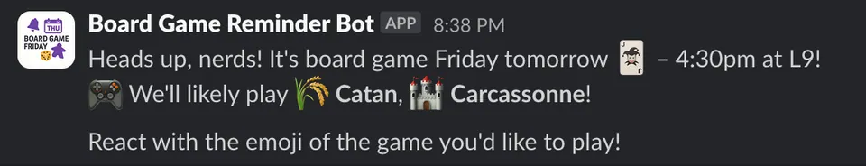 Screenshot of Board Game Slack Reminder
