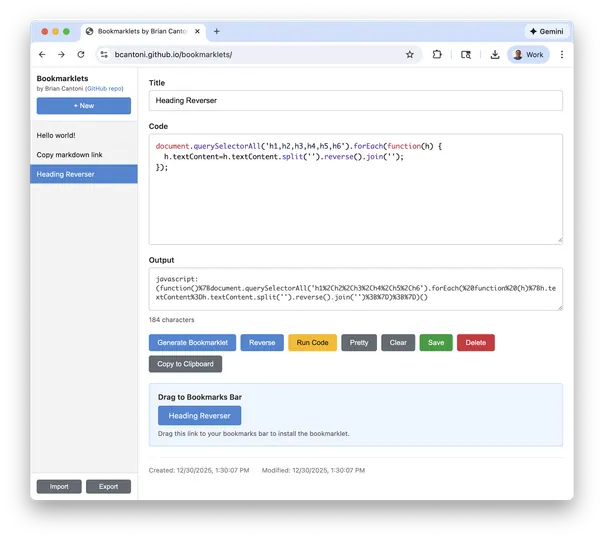 Screenshot of Bookmarklet Editor