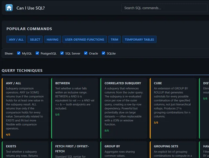 Screenshot of caniusesql.com
