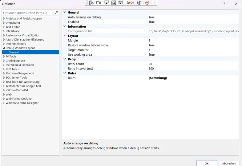 Screenshot of Debug Window Layout
