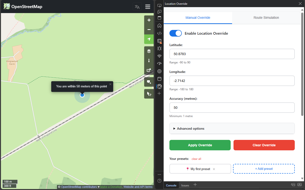 Screenshot of DevTools Location Override