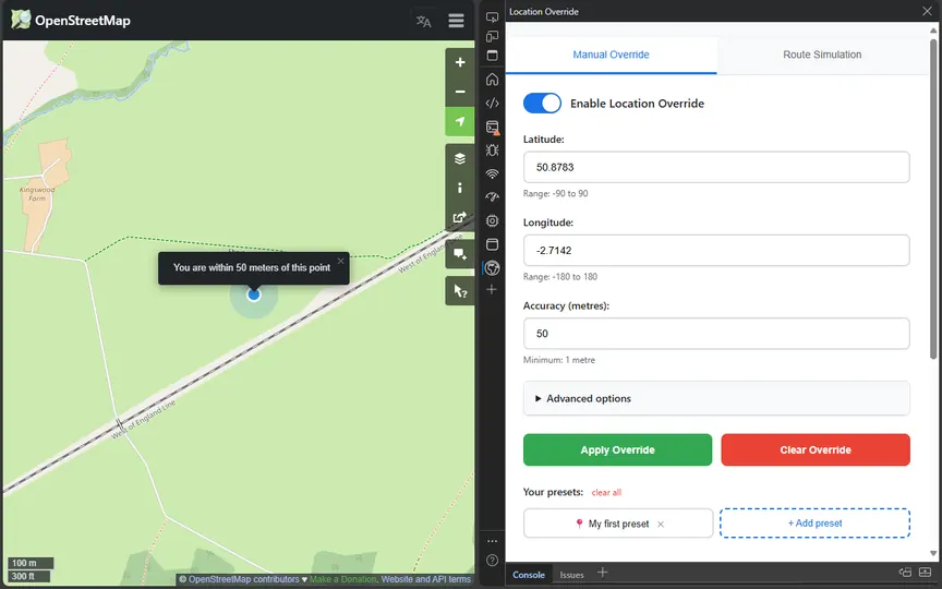 Screenshot of DevTools Location Override