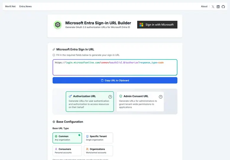 Screenshot of Entra Sign-in URL Builder