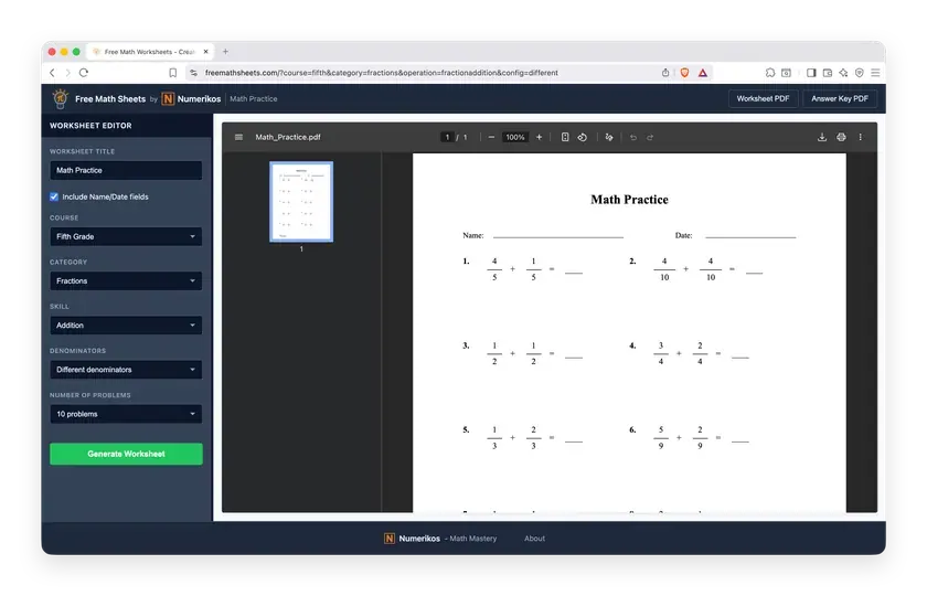 Screenshot of Free Math Sheets