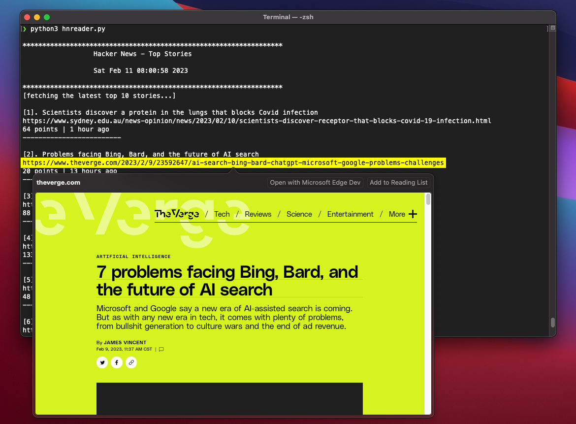 Screenshot of hnreader