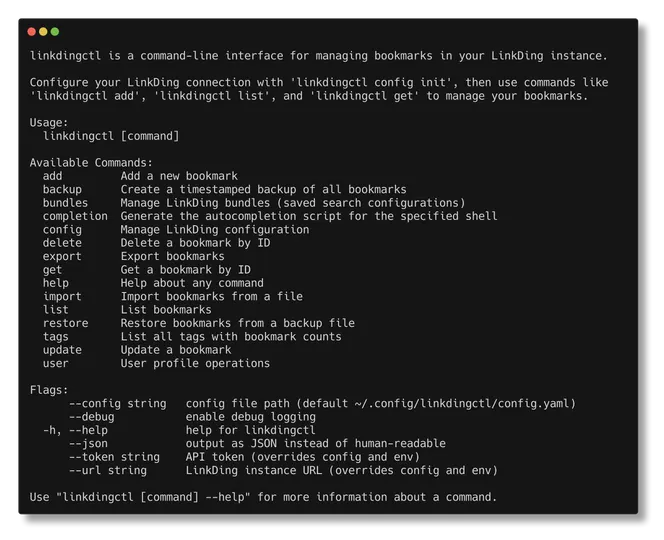 Screenshot of linkdingctl