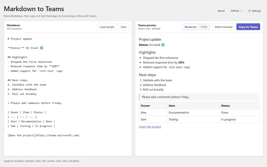 Screenshot of Markdown to teams