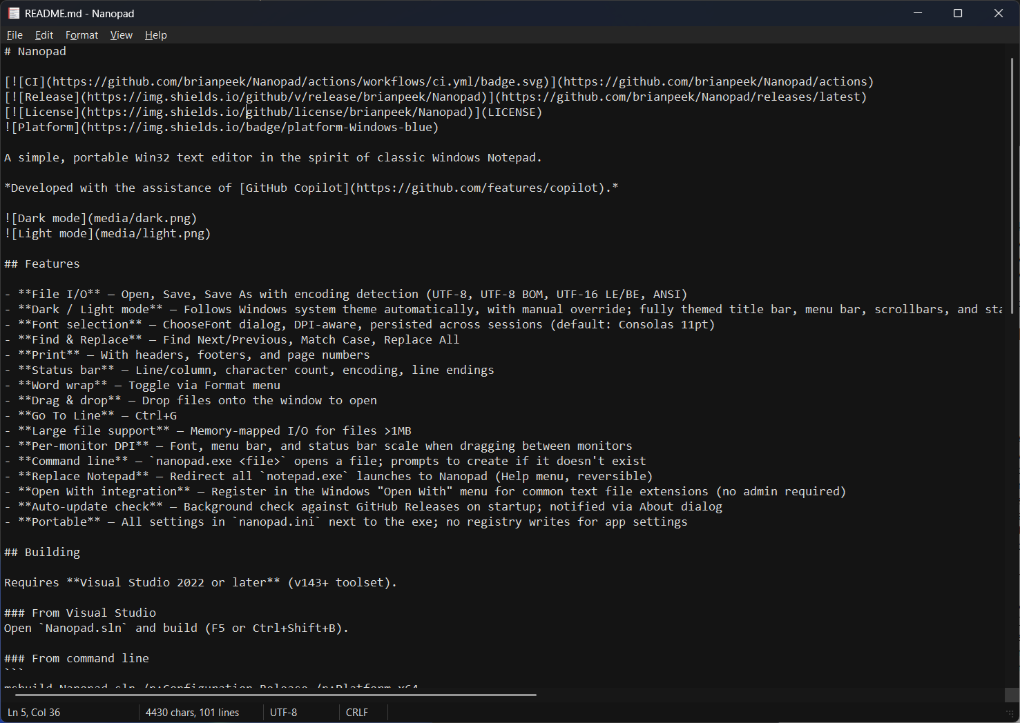 Screenshot of Nanopad
