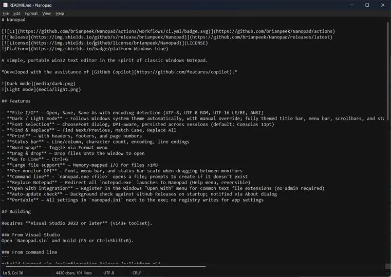 Screenshot of Nanopad