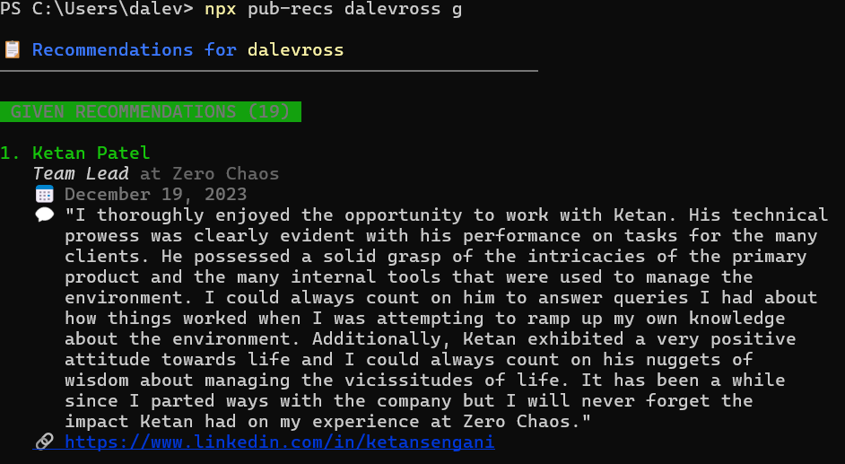 Screenshot of npx pub-recs