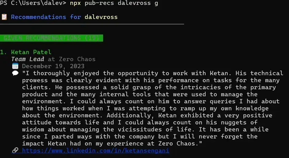 Screenshot of npx pub-recs