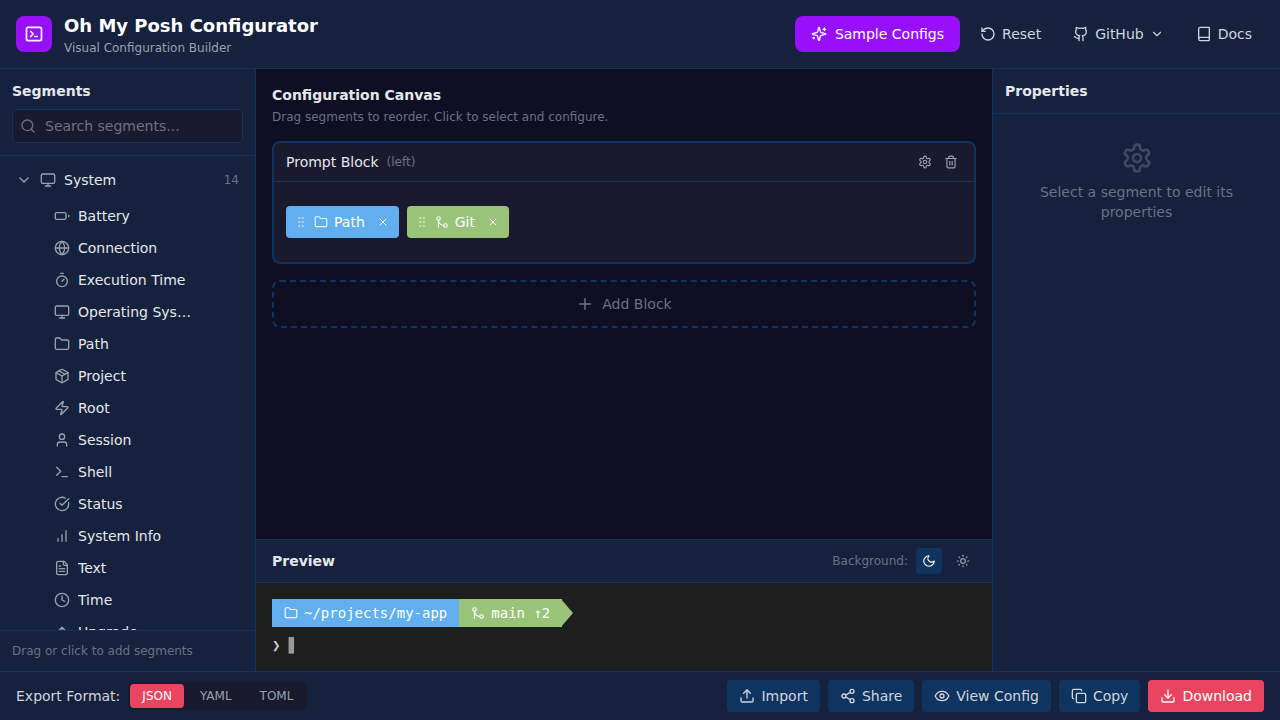 Screenshot of Oh My Posh Visual Configurator