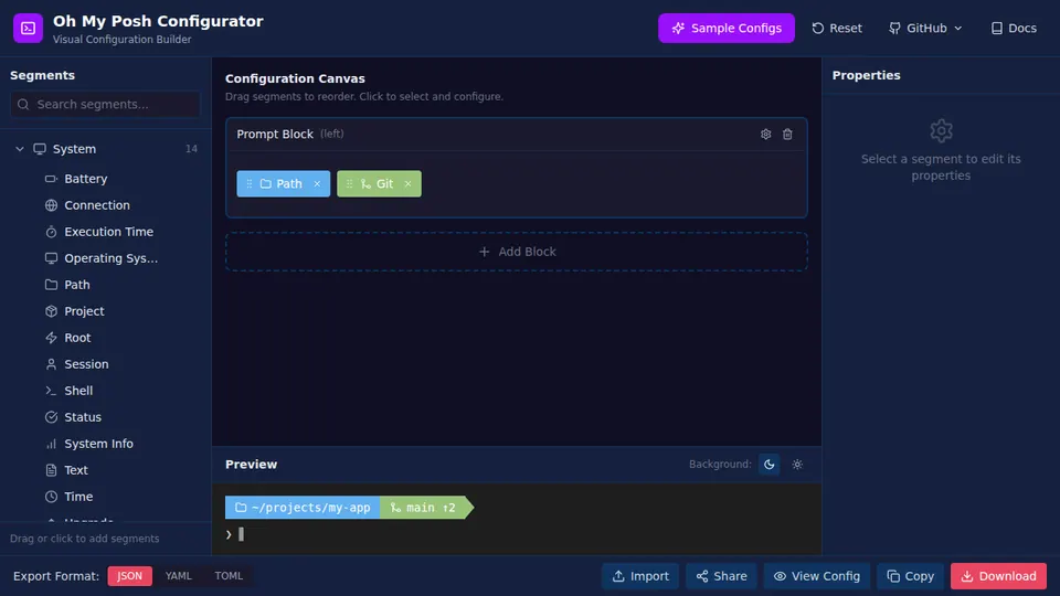 Screenshot of Oh My Posh Visual Configurator