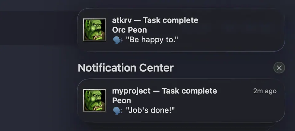 Screenshot of peon-ping