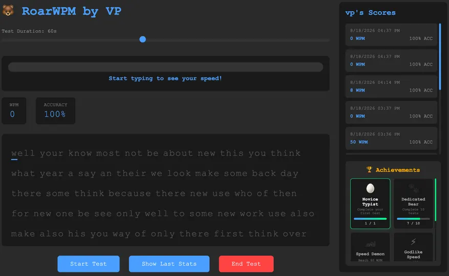 Screenshot of roarwpm-type-test