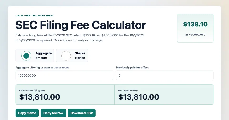 Screenshot of SEC Filing Fee Calculator