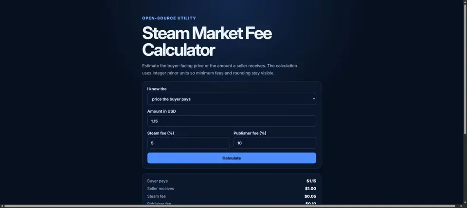 Screenshot of Steam Market Fee Calculator