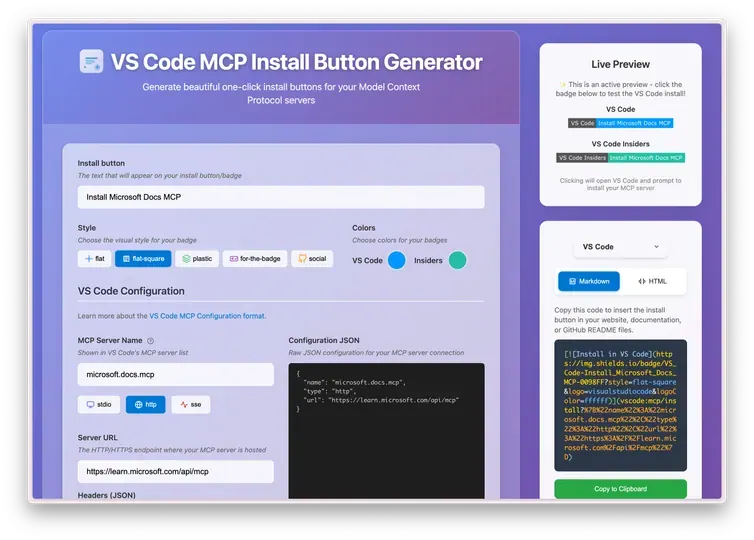 Screenshot of VS Code MCP Install Button Generator