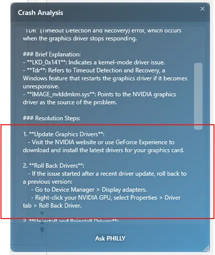 Screenshot of Windows Crash Assist with AI
