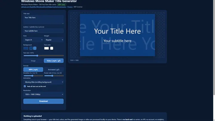 Screenshot of Windows Movie Maker Title Generator