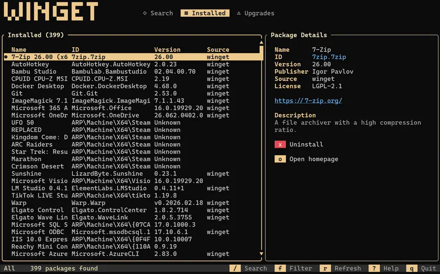 Screenshot of winget-tui