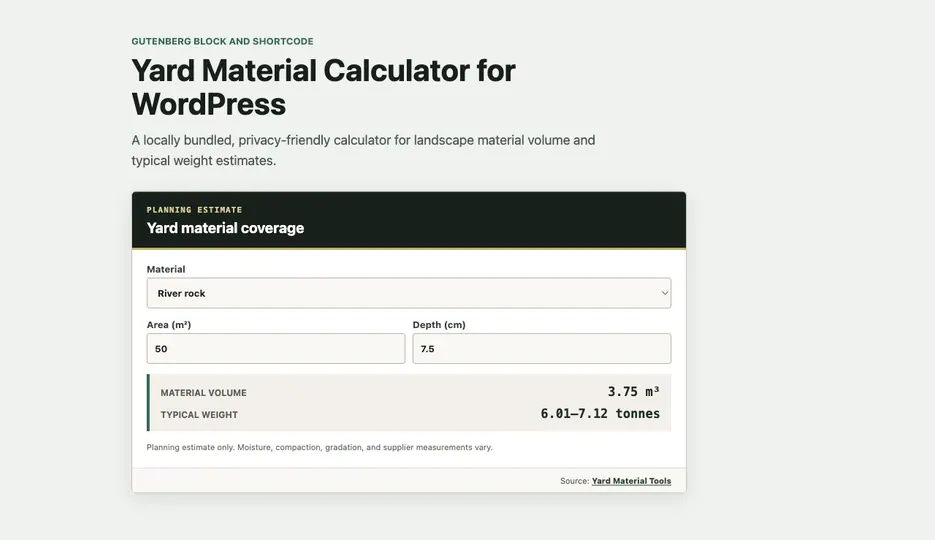 Screenshot of Yard Material Calculator for WordPress