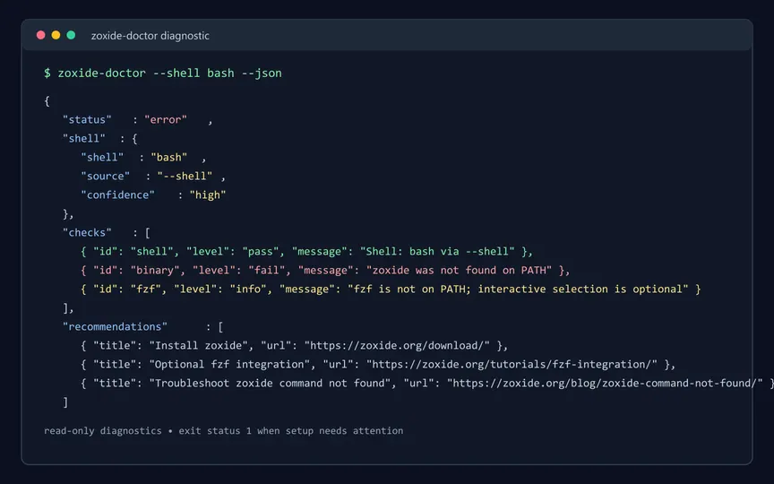 Screenshot of zoxide-doctor